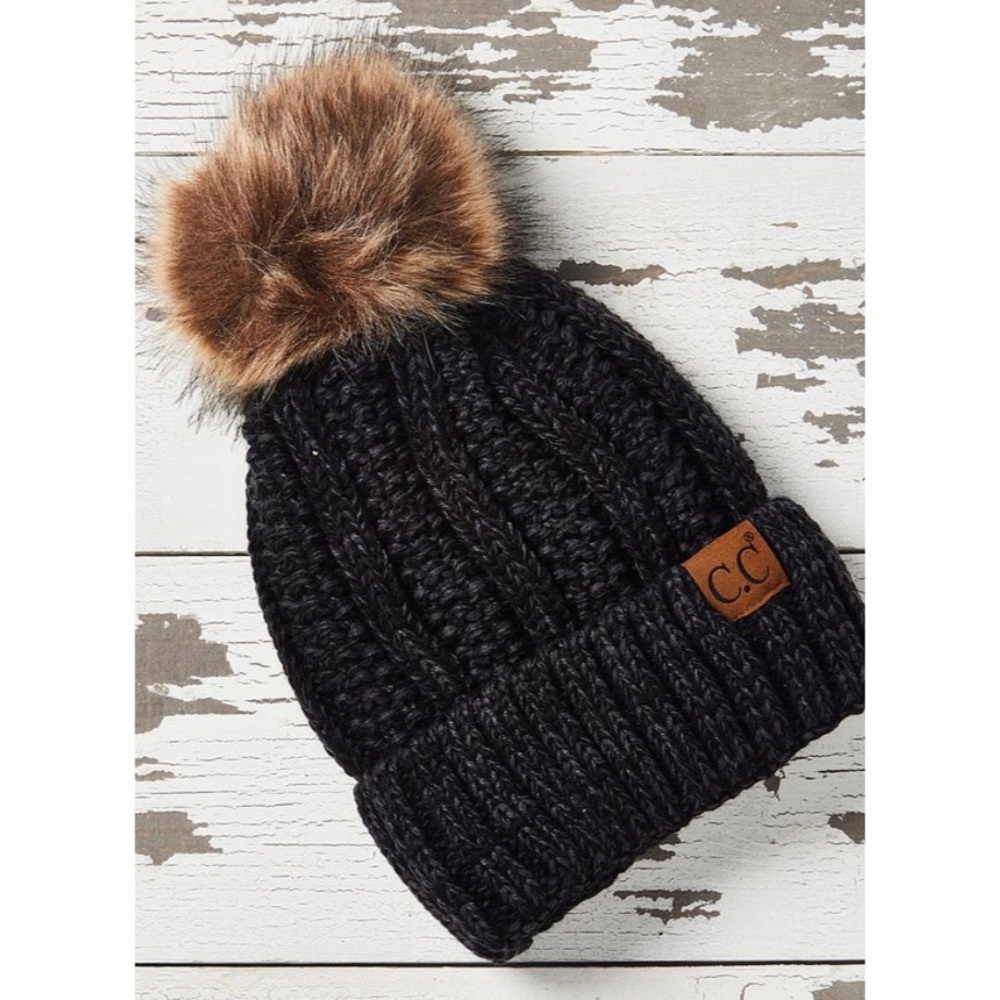 Heather Black Faux Fur Pom-Pom Beanie